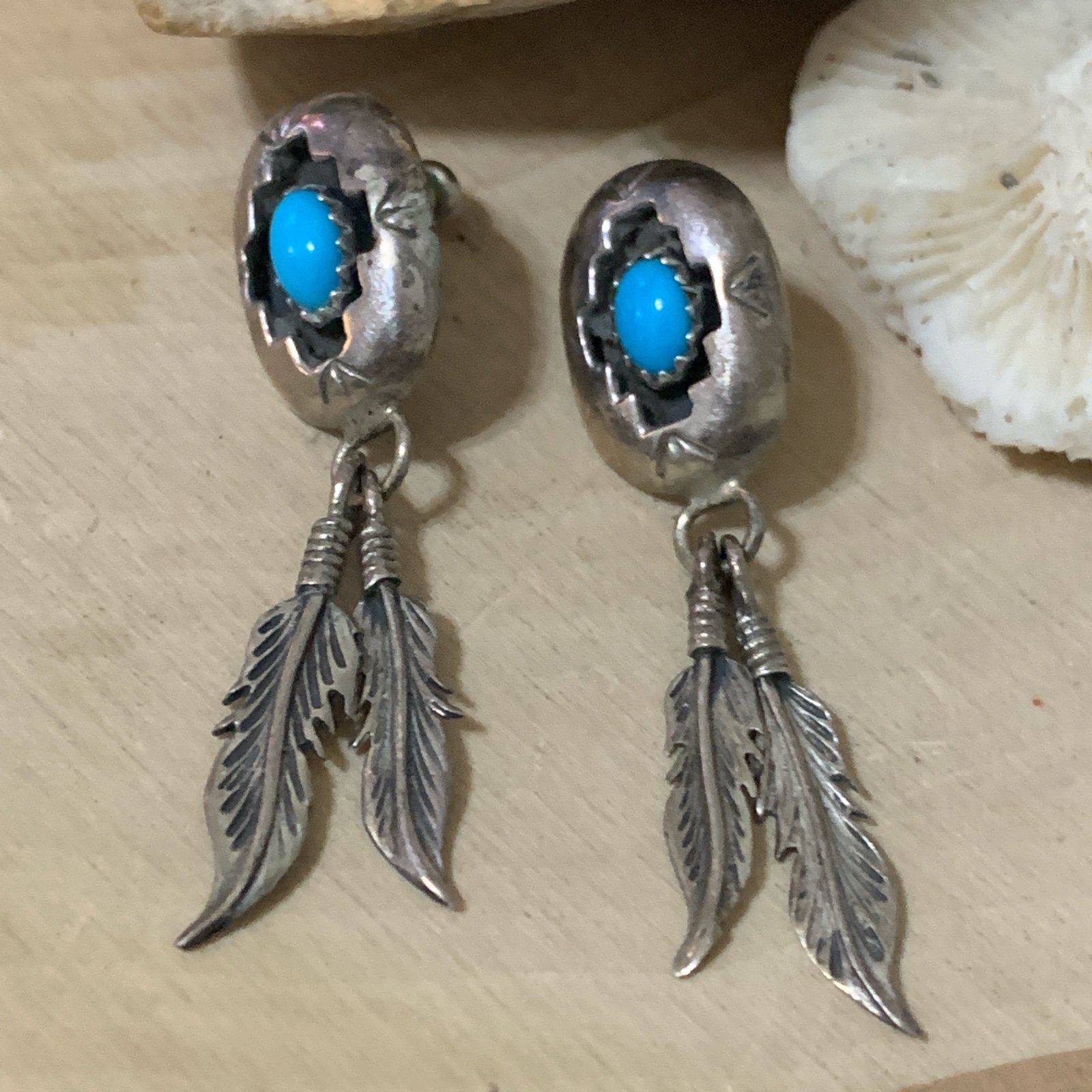 Native American Sterling Silver Turquoise Dangling Feather Earrings Signed P
