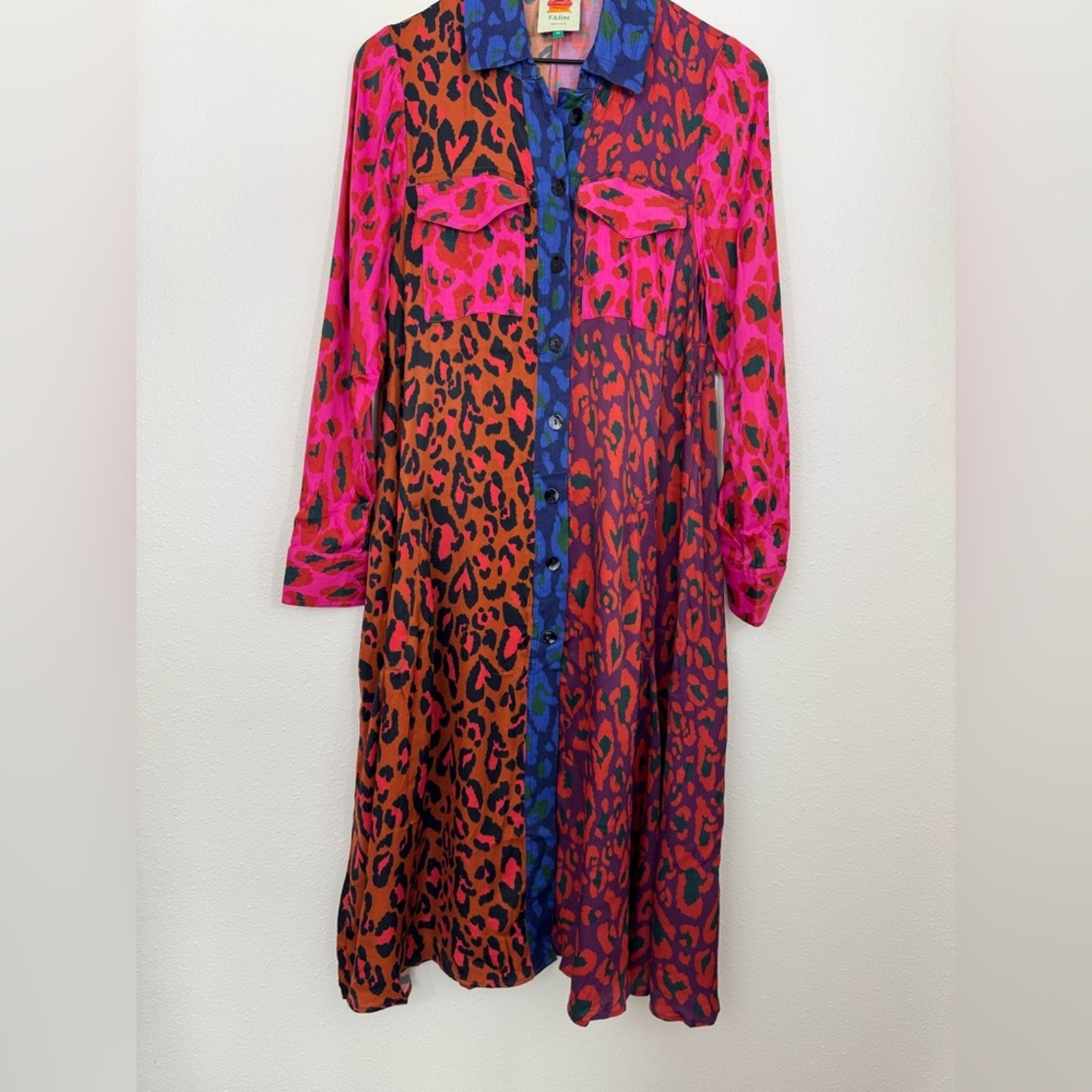 Farm Rio Leopard Mix Print Long Sleeve Shirt Dress