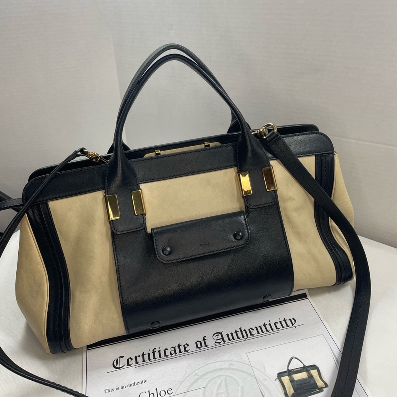 Authentic CHLOE Alice bi color tan & black leather bag w/ duster, cards & CERT