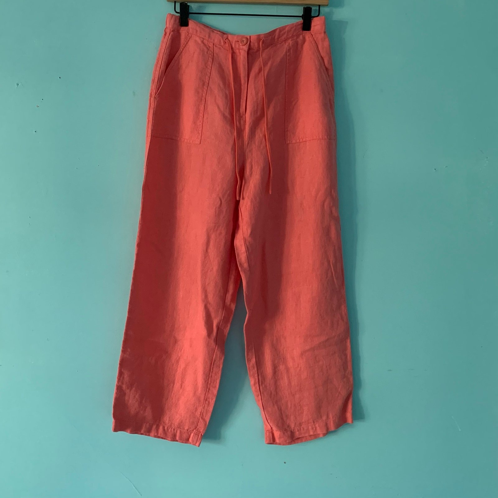 Talbots Irish Linen Wide Leg Colette Orange Drawstring Waist Cargo Capri Pant 8