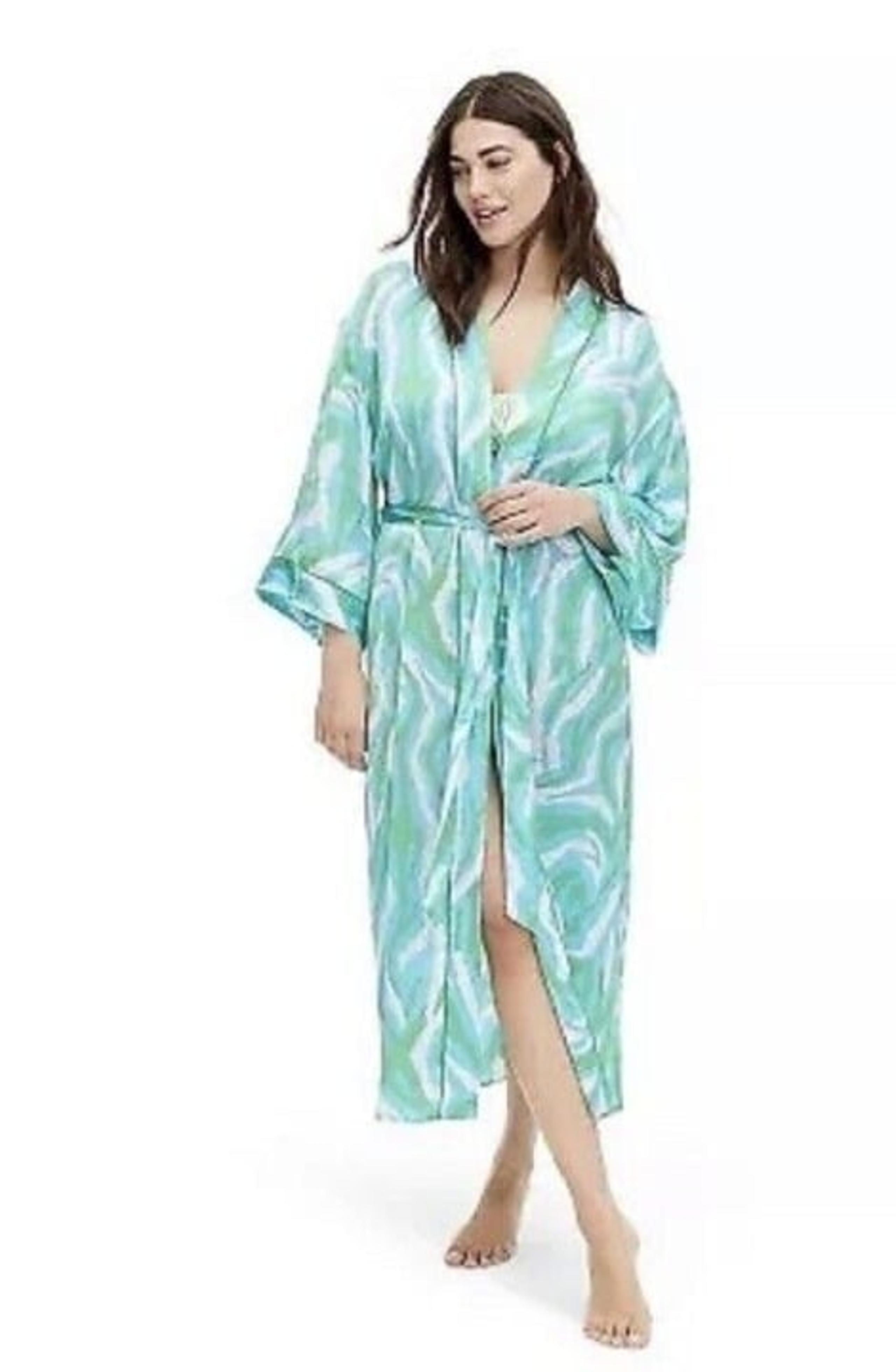 Women's Long Satin Disco Zebra Green Robe - DVF x Target XS NWT