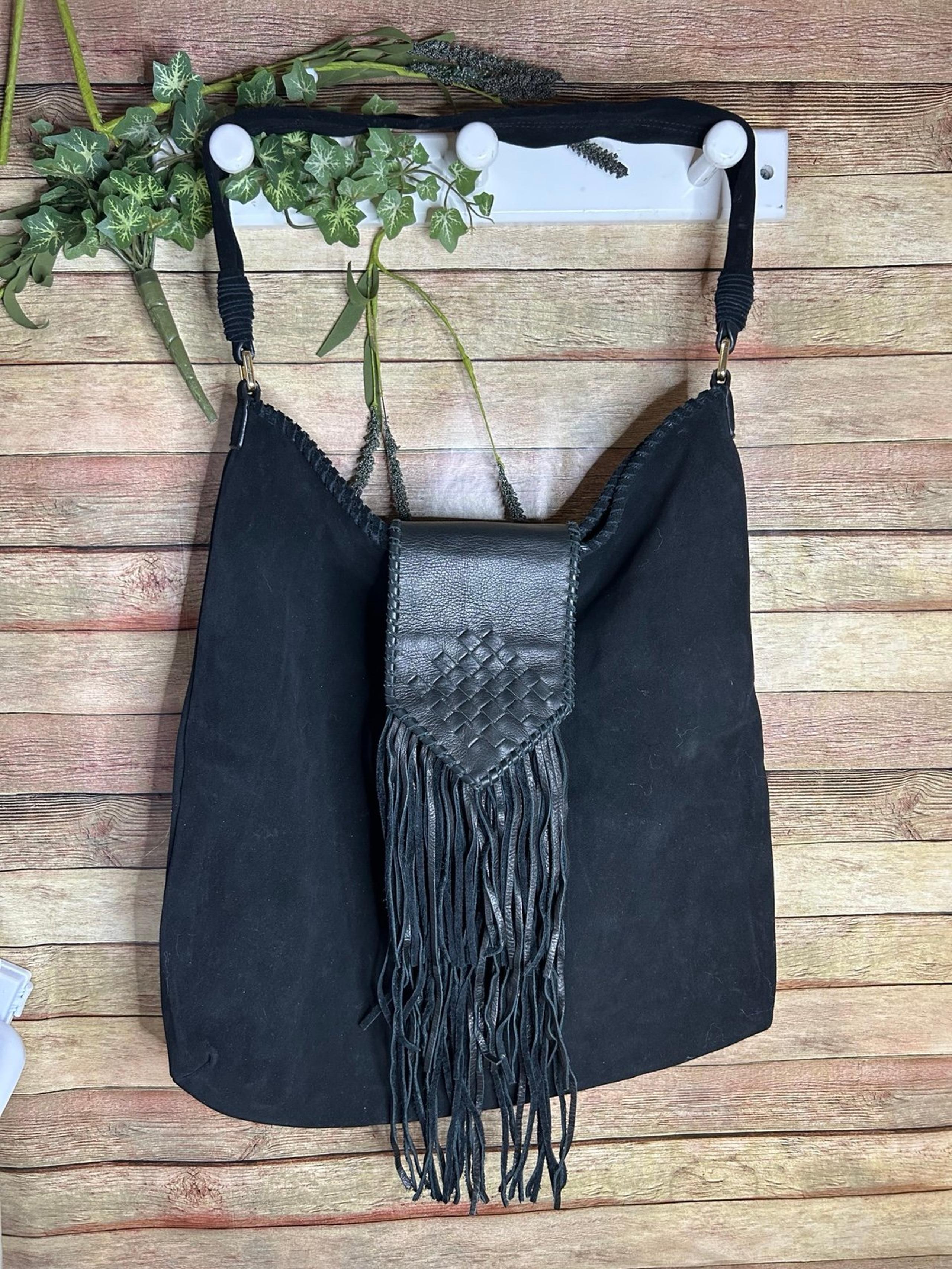 Margot Leather Hobo Tote Bag Black Fringe