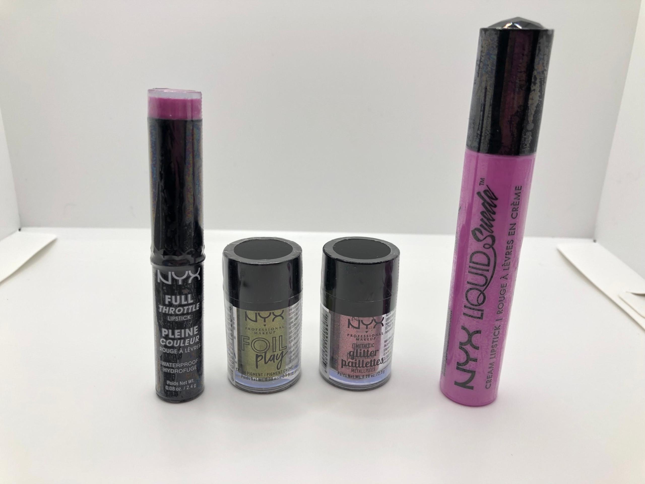 NYX Makeup Bundle Eyeshadows and Lip Stick Glitter, Pink, Foil, Cream