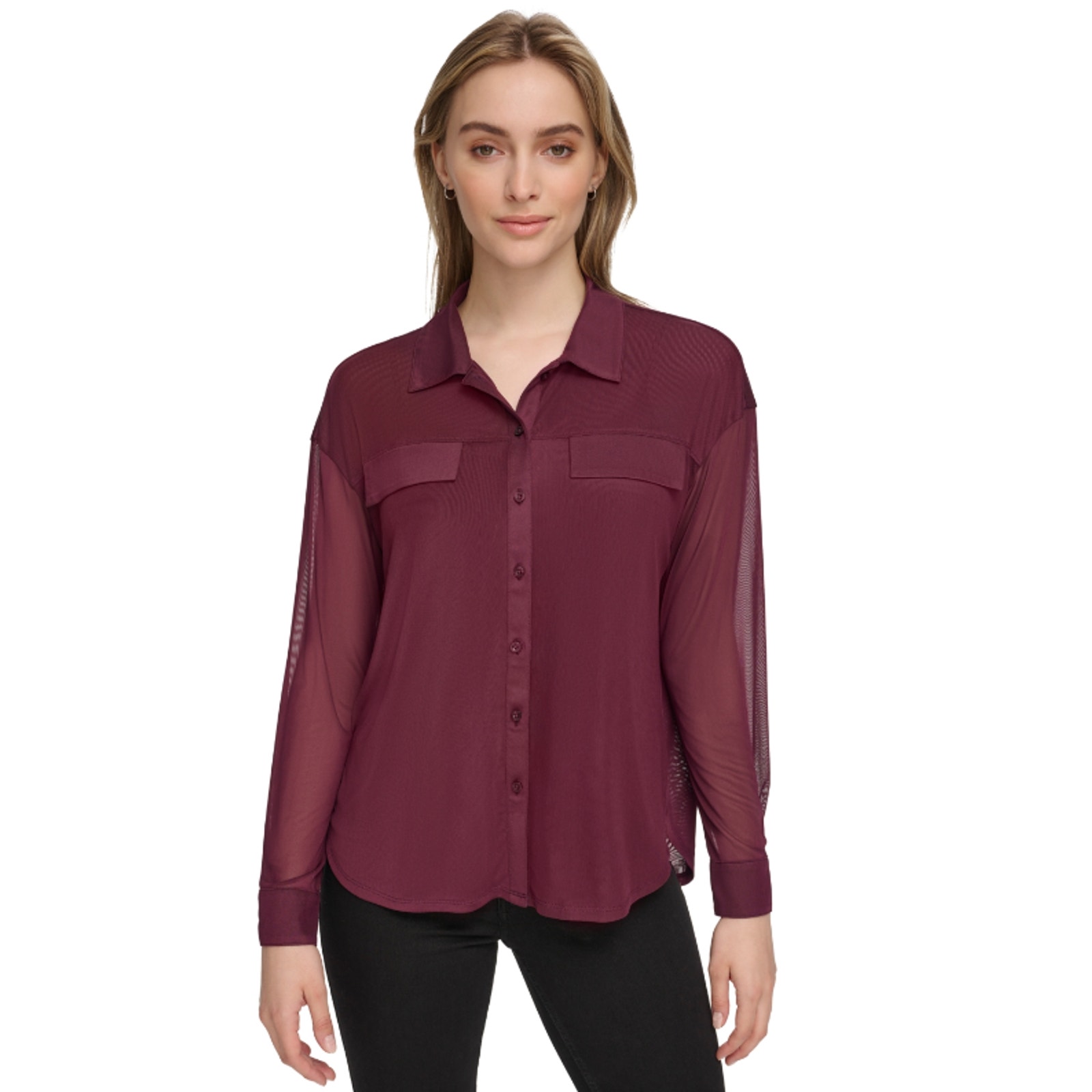 Calvin Klein Women Mesh Button Front Shirt Port Size XL