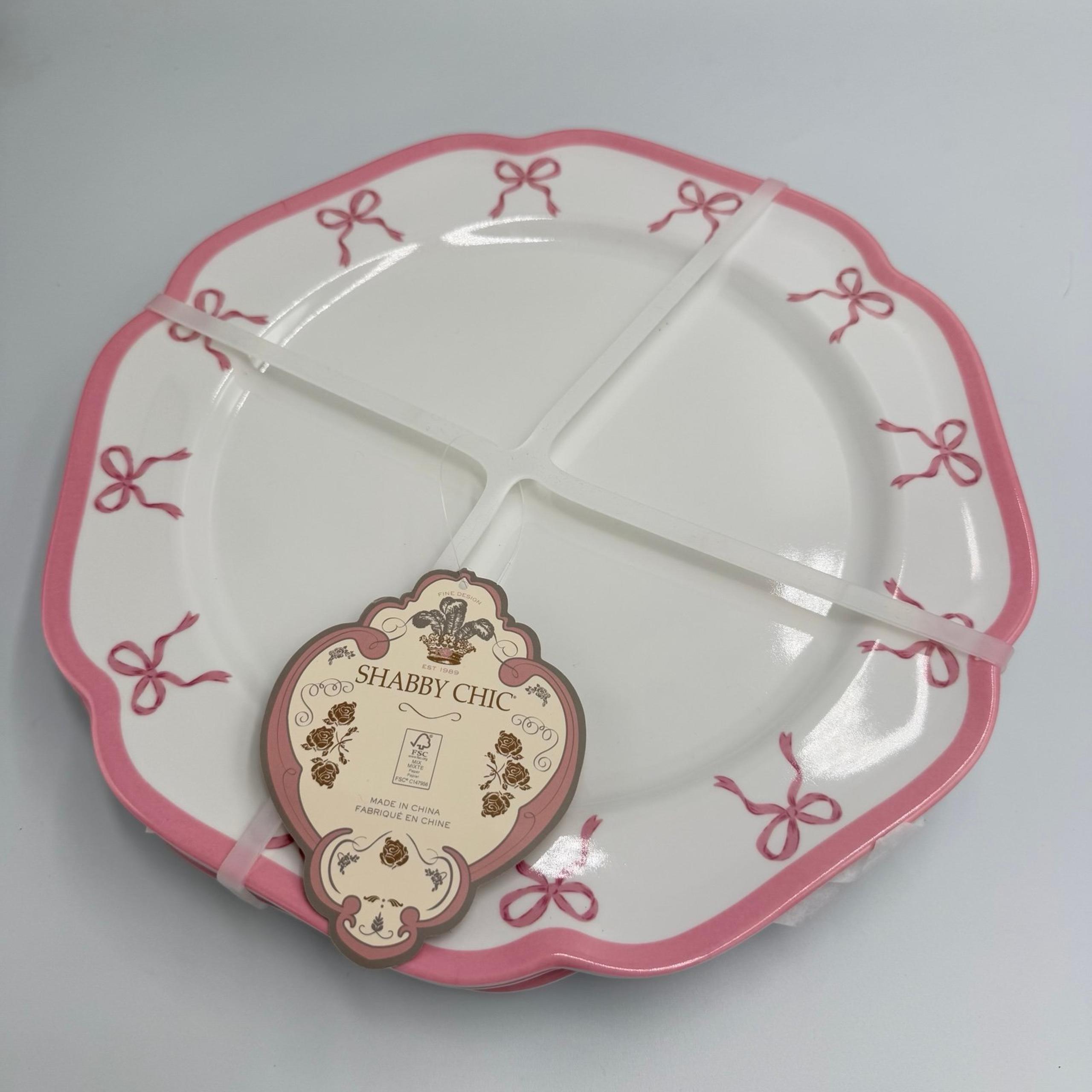 NWT Pink Bow Set of 4 Melamine Dishes - Shabby Chic