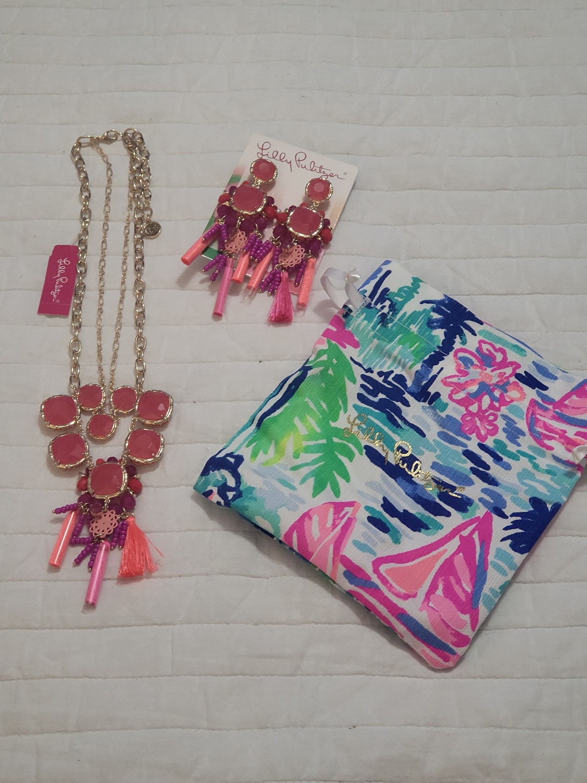 LILLY PULITZER Waterside Earrings Kitschy Coral Pink Crystal Set W/Necklace New