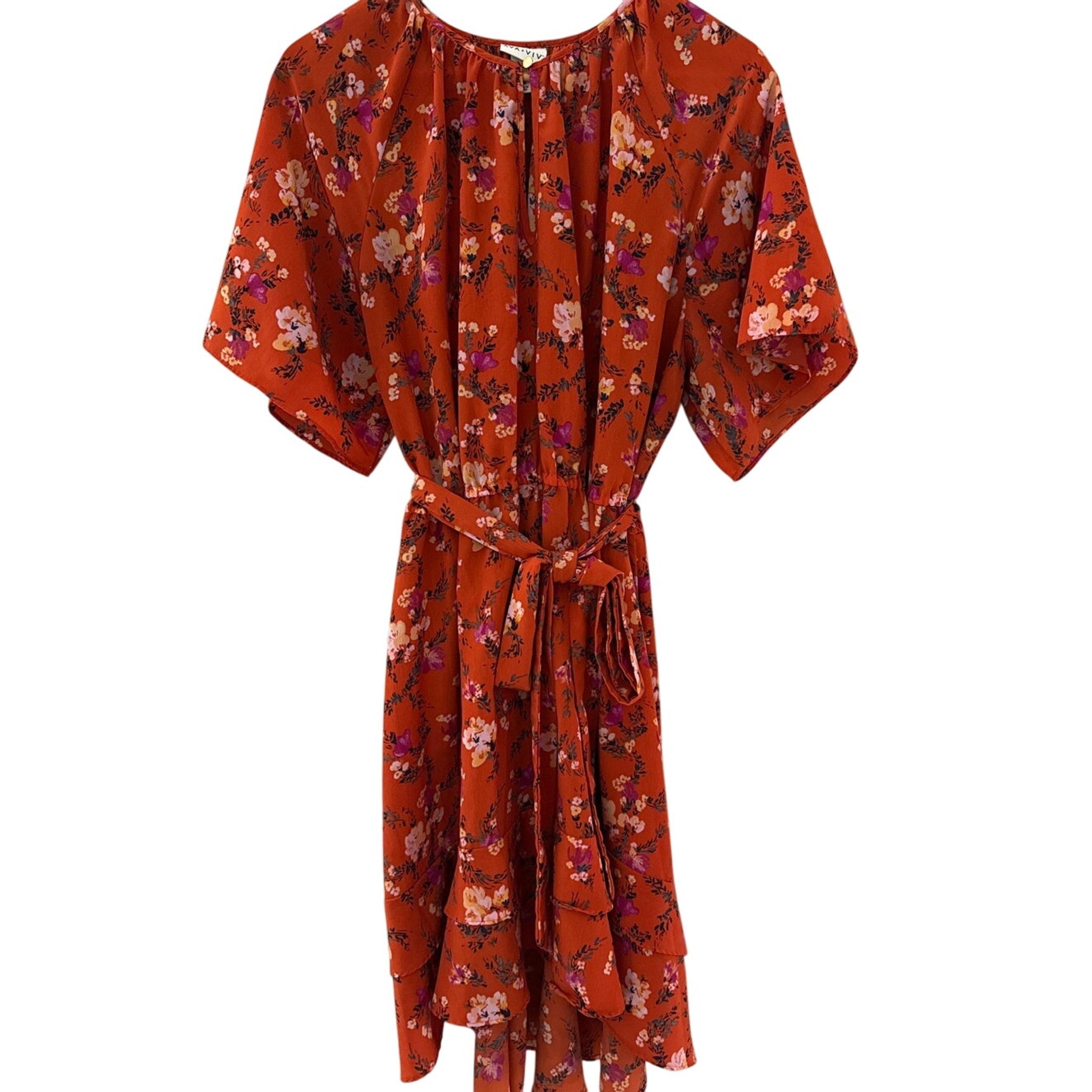 Ava & Viv Plus Short Sleeve Ruffle Skirt Midi Dress Orange Florals Size 2X