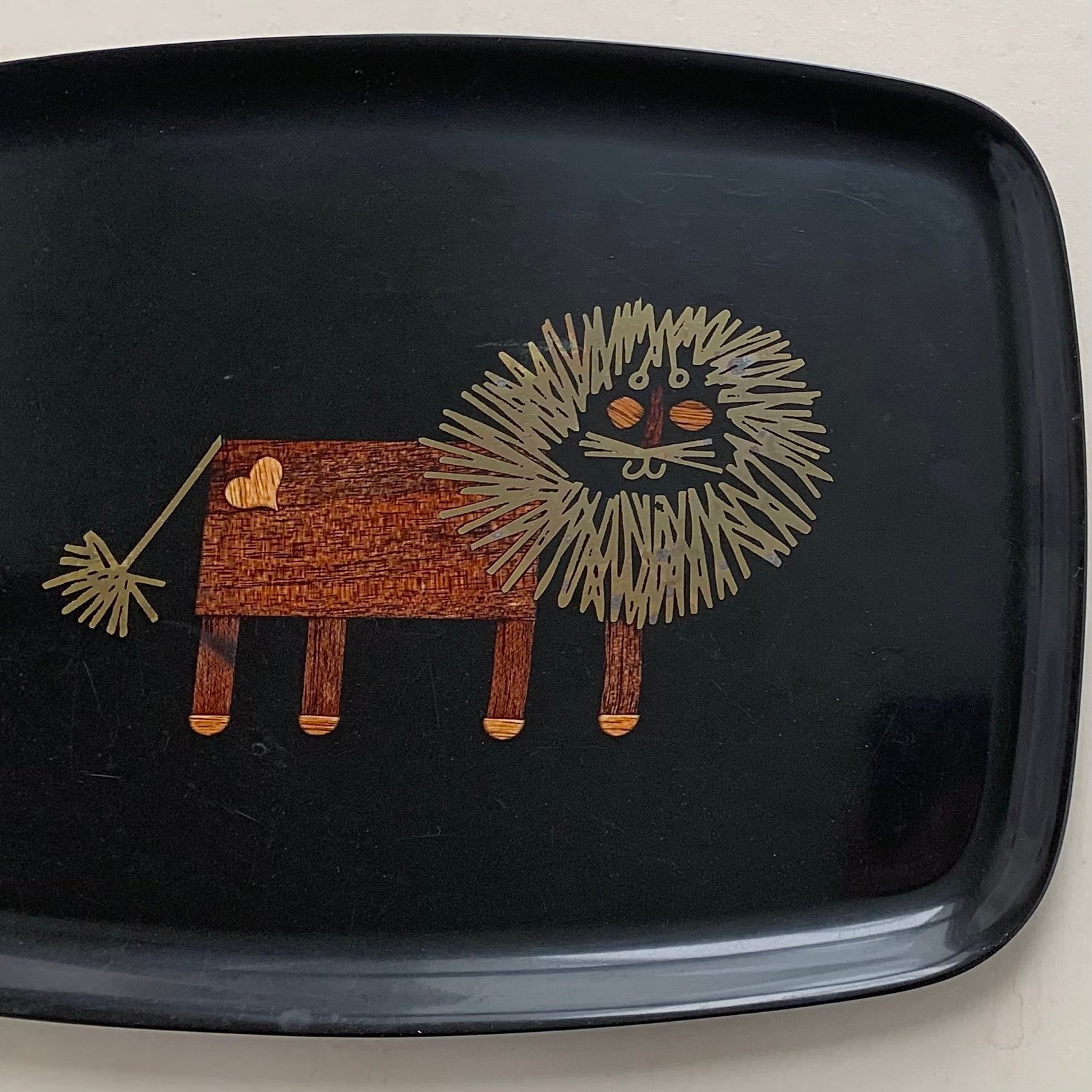 vintage 60s MCM Couric of Monterey inlaid wood & brass serving tray platter