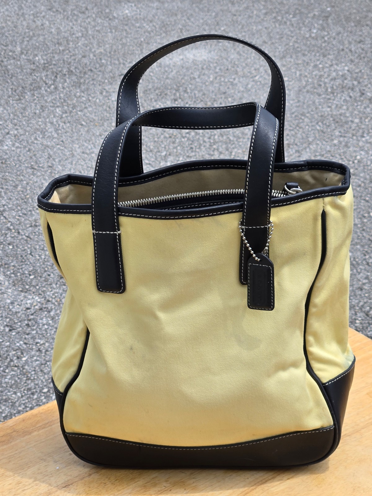 Coach Vintage 7706 Tote Bag Beige Fabric with Black Leather