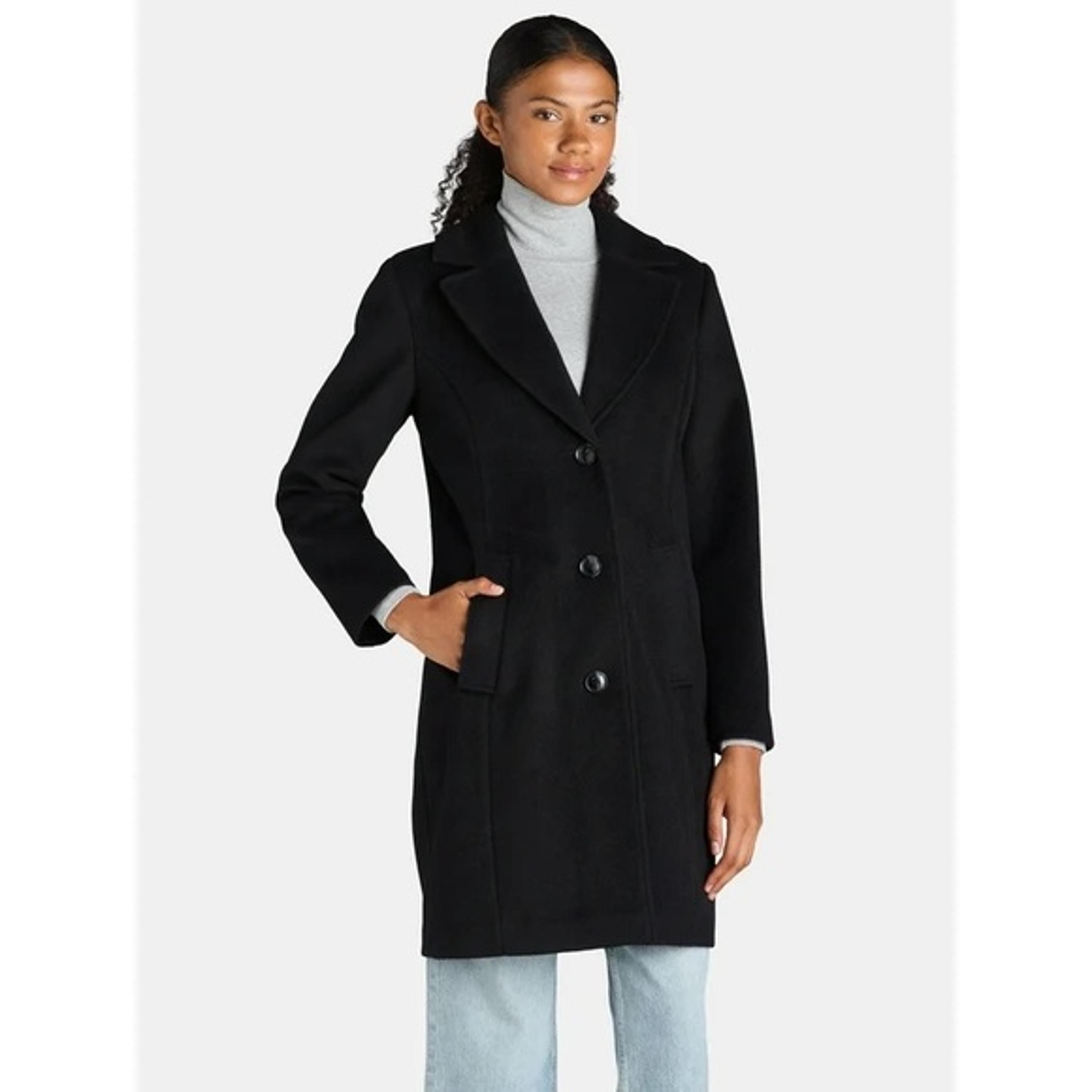 Time and Tru Women's Faux Wool Notch Collar Black Solid Button Front Coat NWT M