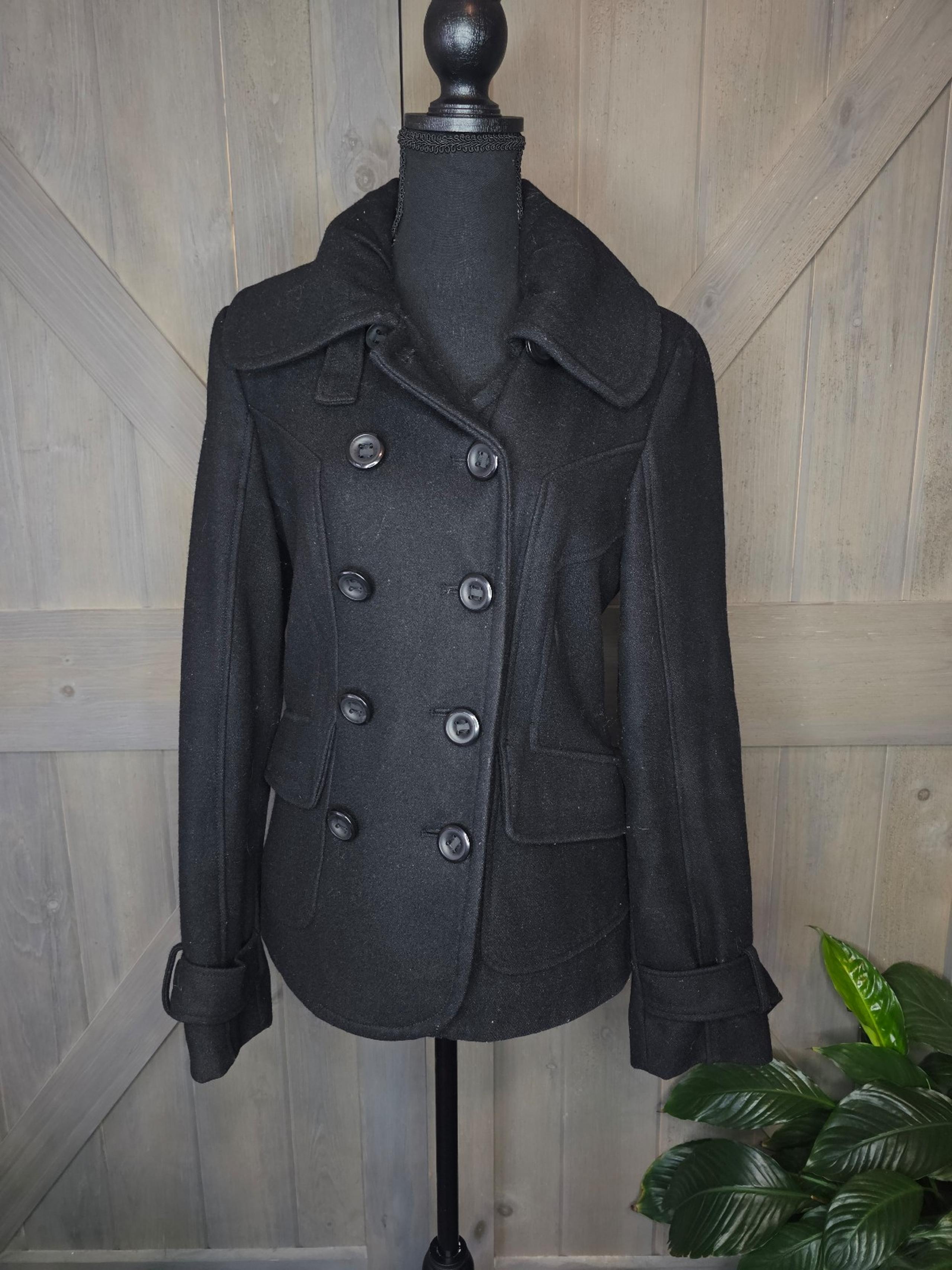 Black Peacoat Double Breasted Coat Wool Blend sz Small - GUESS