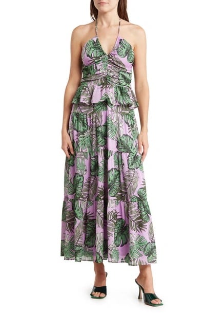 NSR Palm Print Ruffle Tiered Midi Dress In Tropical Print S