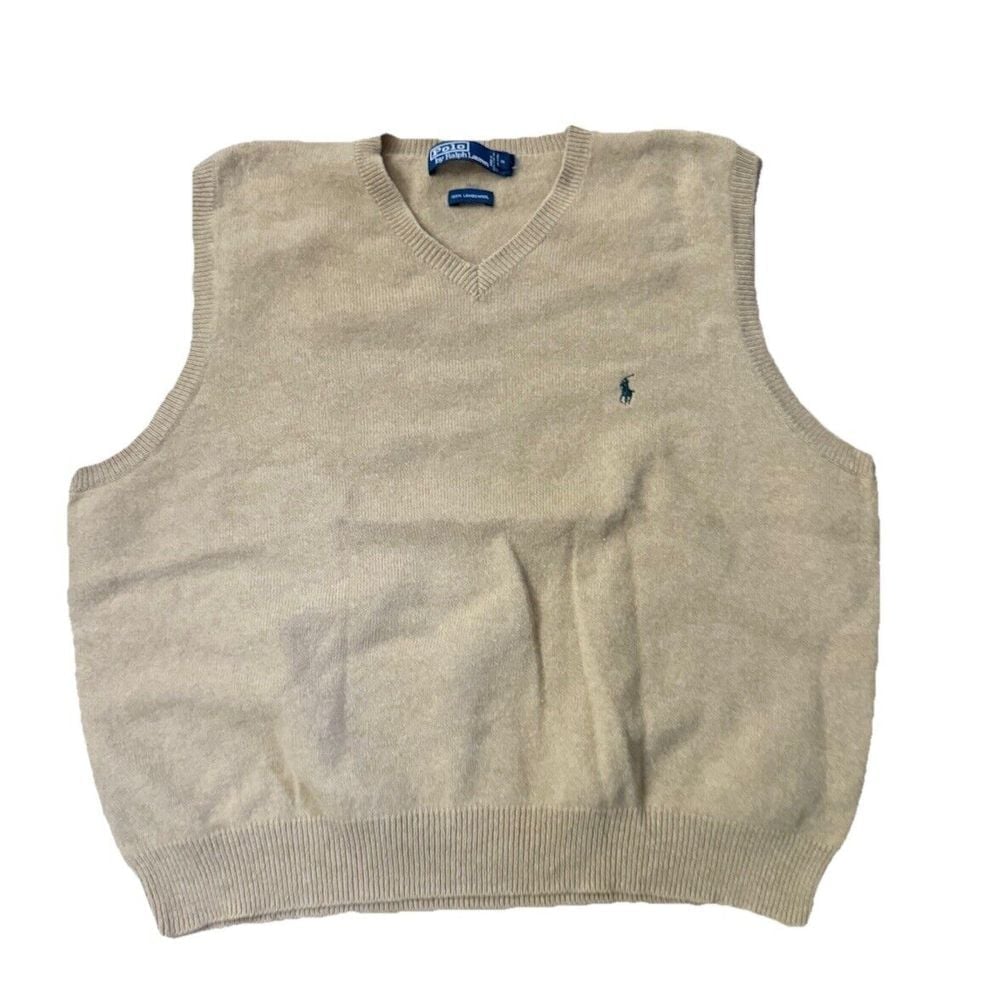 Polo Ralph Lauren Sweater Men XL Sleeveless V Neck Lambs Wool Vest- Camel (tan)