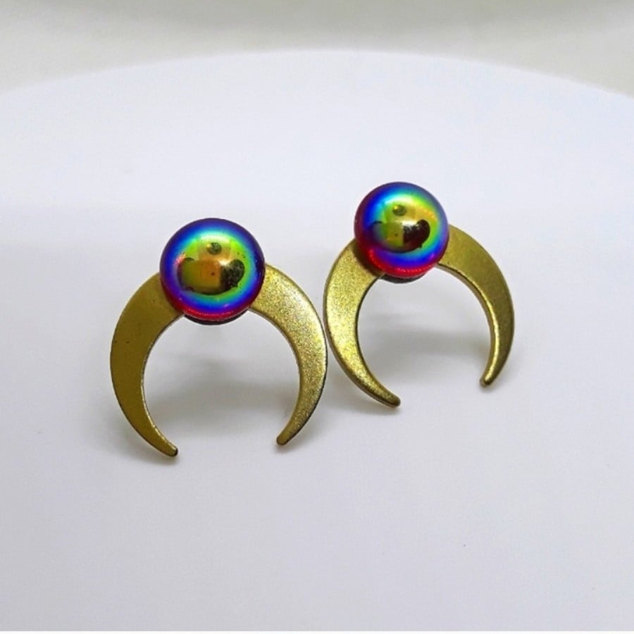 Celestial Moon Mexican Fire Opal Stud Earrings