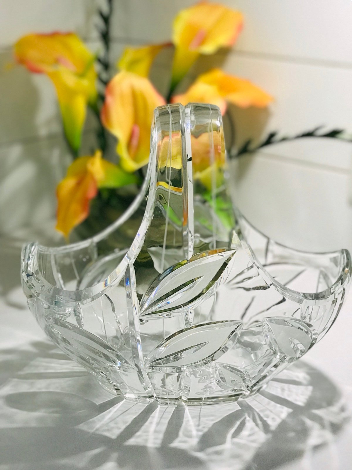 Vintage Bohemian Crystal Czech Hand Cut Crystal Large Thick Heavy Glass basket