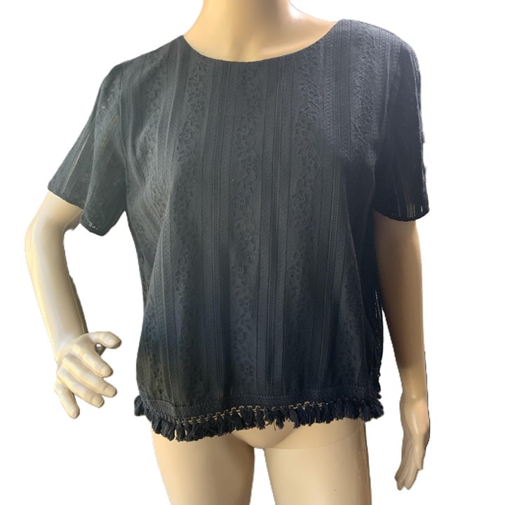Michael Kors Black Lace Cotton Fringe Hem Short Sleeve Blouse Size Large