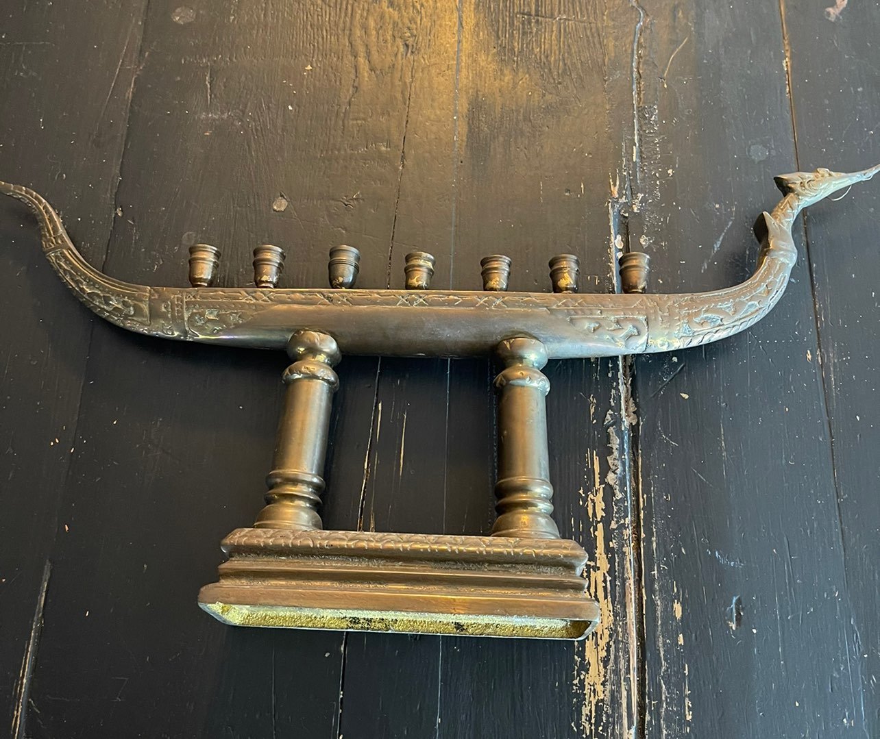 VINTAGE SOLID BRASS 7-LIGHT CANDLE HOLDER MENORAH - VIKING DRAGON BOAT