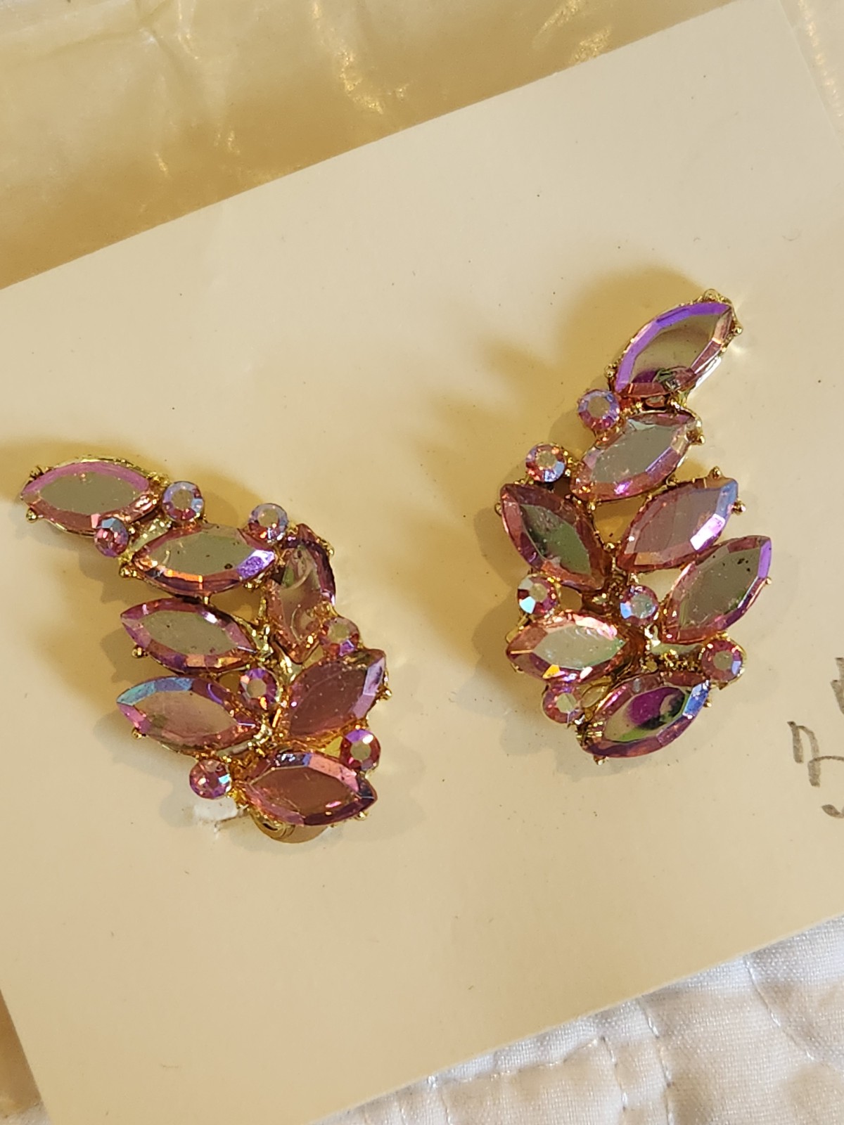 Vtg 1960s Pink AB Navette Crystal Clip-On Earrings