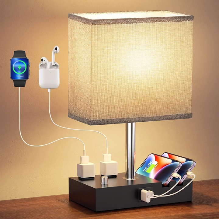 Fully Dimmable Nightstand Lamp for Bedroom with USB C Ports
