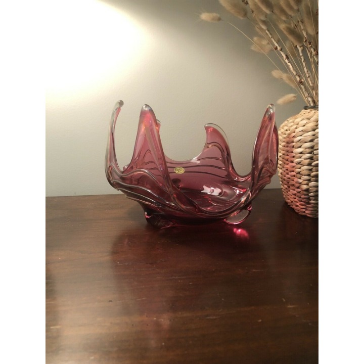ROSSI ART GLASS CRANBERRY HAND BLOWN FREE FORM OPEN BOWL NIAGARA FALLS CANADA
