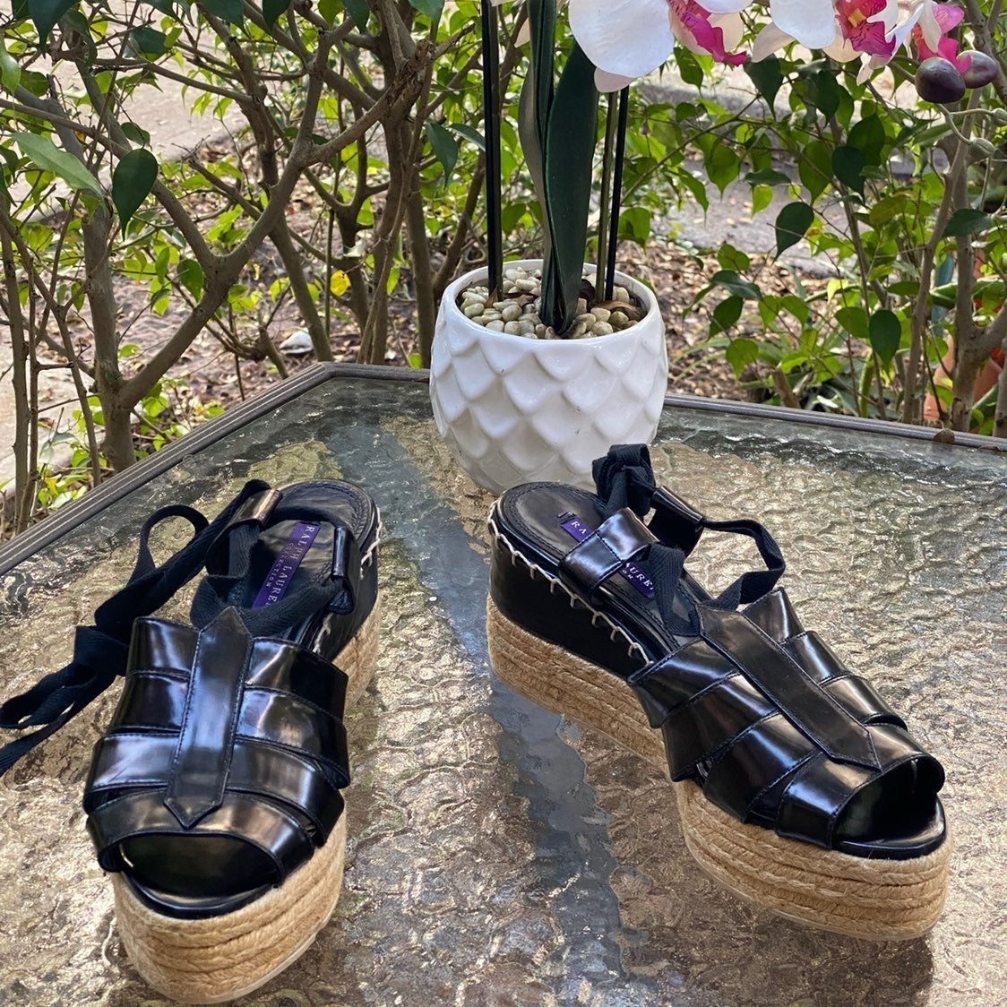 Ralph Lauren Purple Label Black Leather Strap Platform Espadrilles Sandals