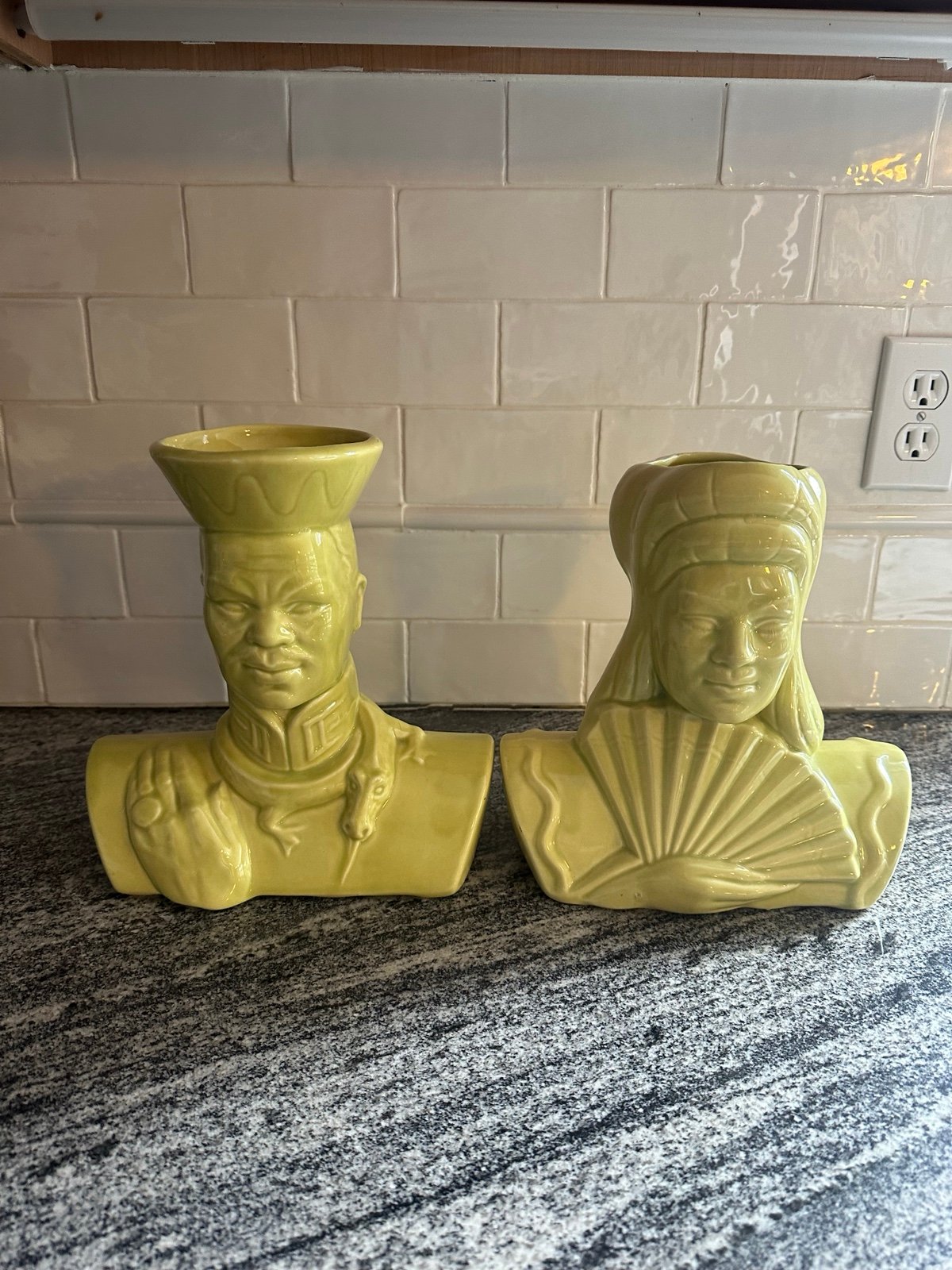 Vintage Asian Head Vase Pair Geisha And Prince Mid Century Hand Painted Glazed