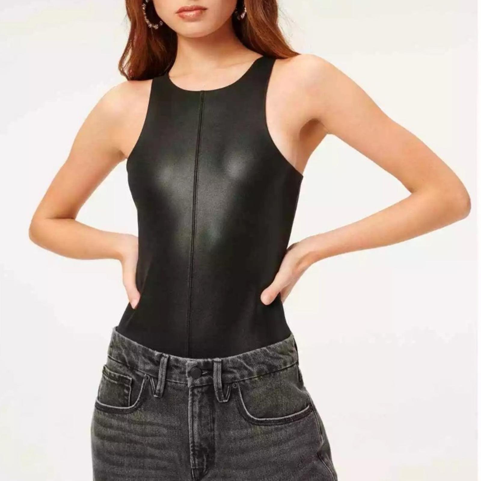 NEW Good American Faux Leather High-Neck Bodysuit in Black Size 4/XL NEW w/o Tag