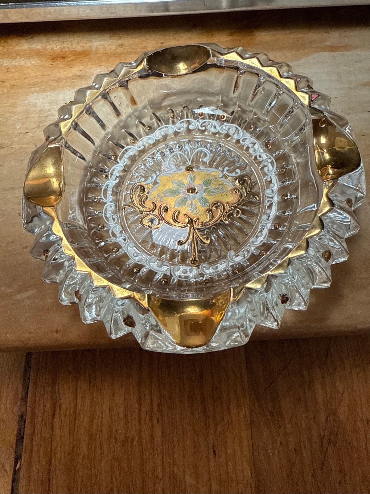 Vintage Bohemian clear glass ashtray with applied enamel flowers and gold accent