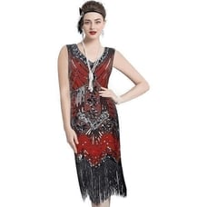 Flapper Great Gatsby 1920s Retro Tassel Fringe Sequin Red Dress L NEW