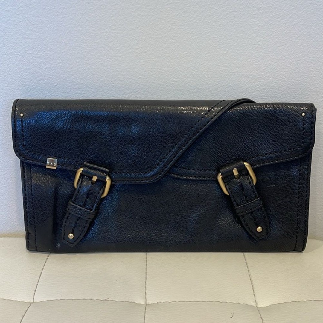 Anthropologie SCHULER & SONS Black Buckle Leather Card Clutch