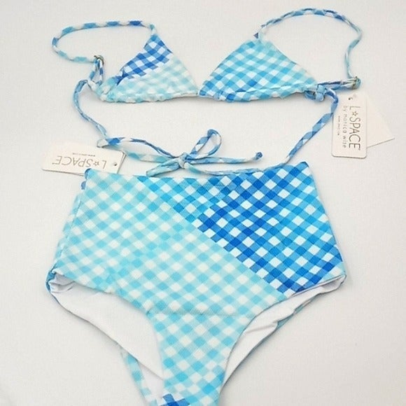 L*Space Picnic Plaid Brittany Bikini Top Portia High Waist Bikini Set Blue Small