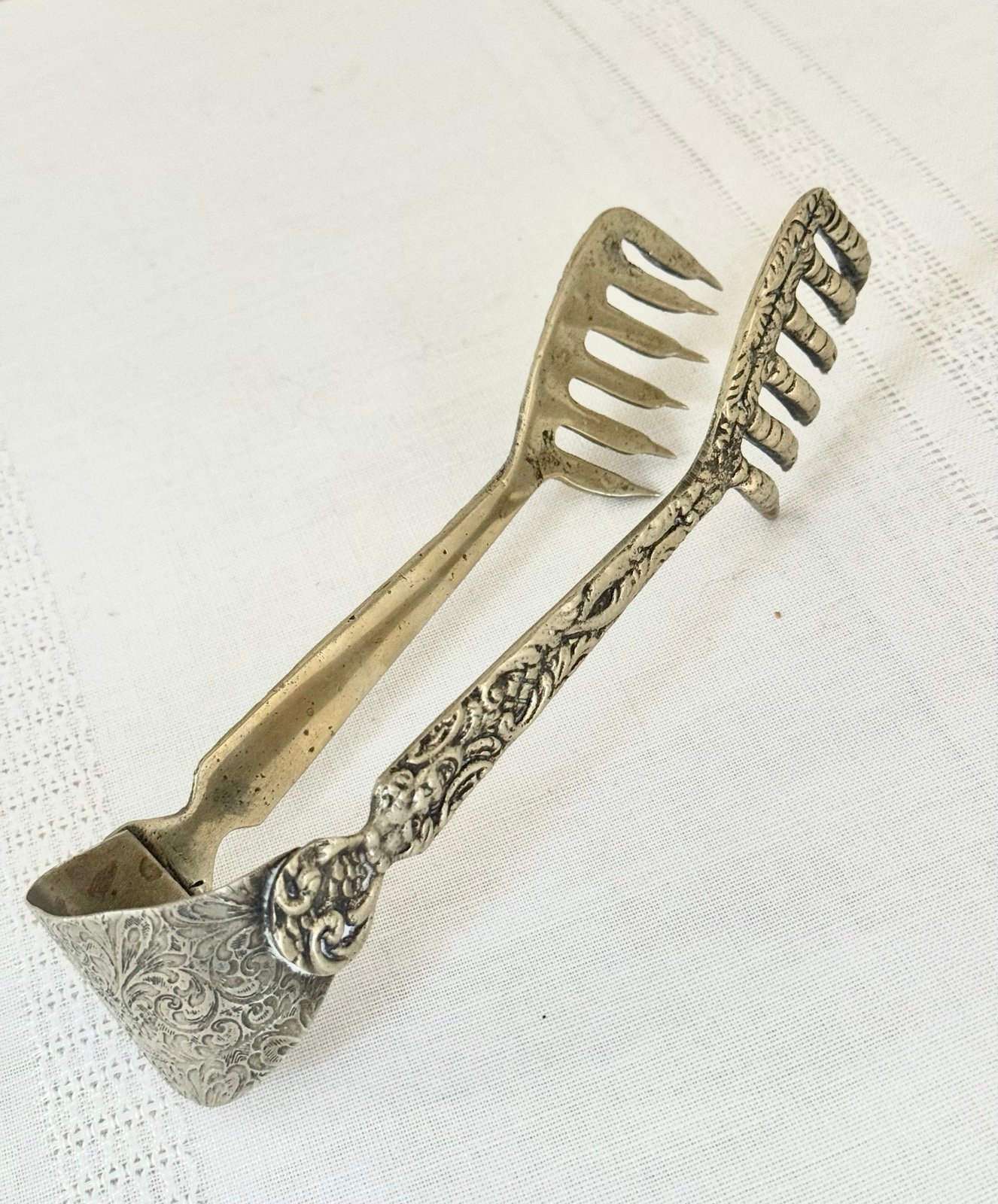 Vtg Silver-Plated Brass Claw Tongs w/ Gothic Demon Face, UGO Bellini Attribution
