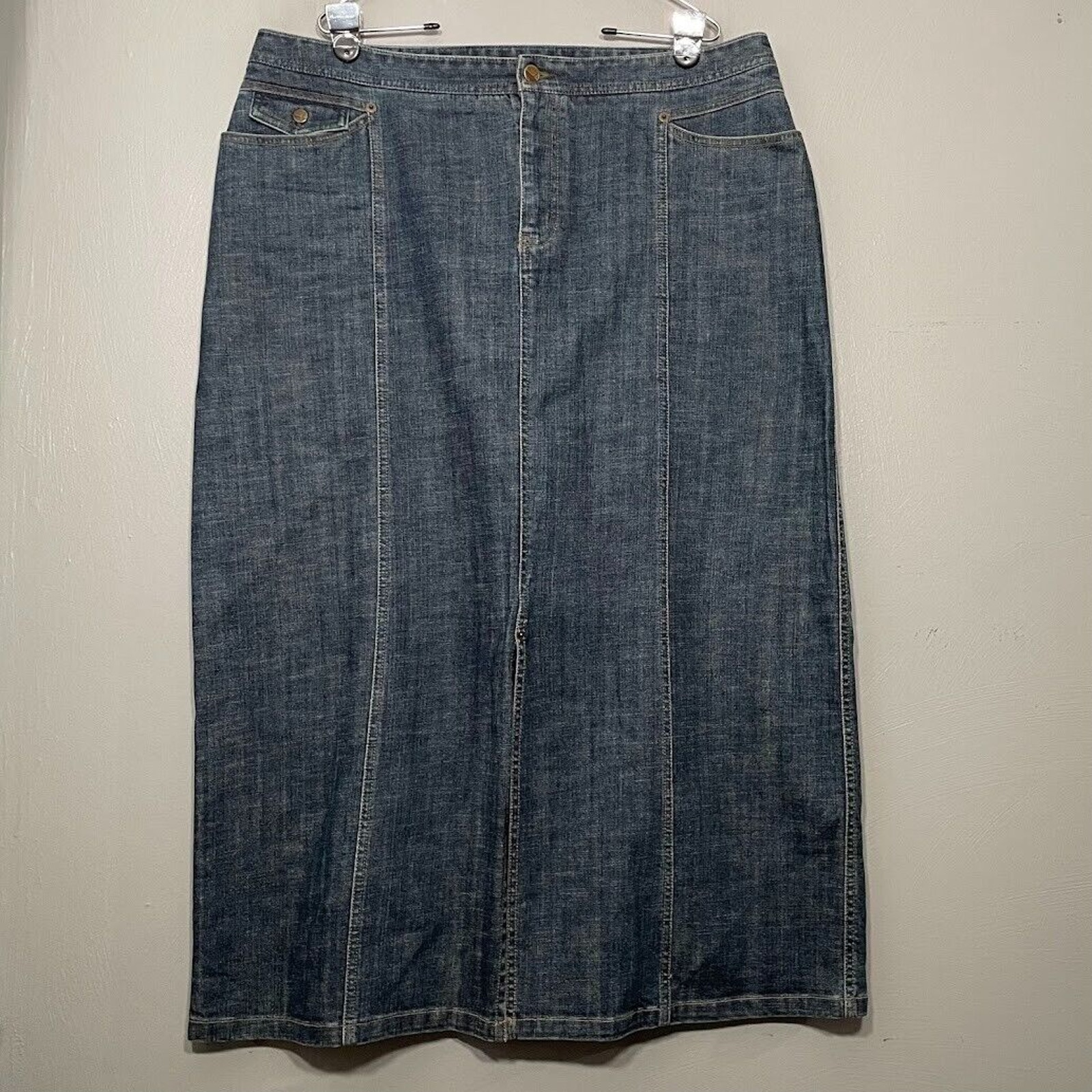 Eddie Bauer Womens Size 18 Denim Blue Jean Straight Maxi Skirt Front Slit Casual