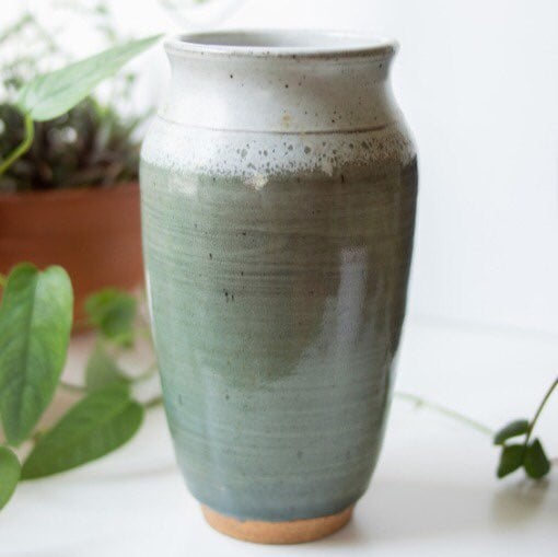 Green glazed handmade ceramic vase