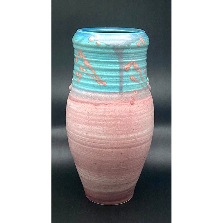 Art Pottery Signed Haefer Vase Pink & Turquoise 11 Handmade Pacific NW