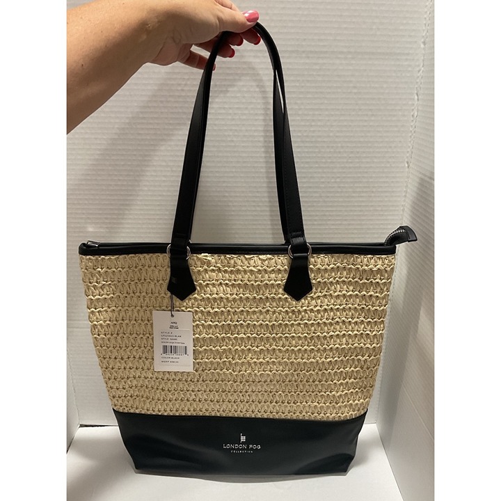 London Fog Golda Straw & Black Vegan Leather Tote bag NWT 13x14