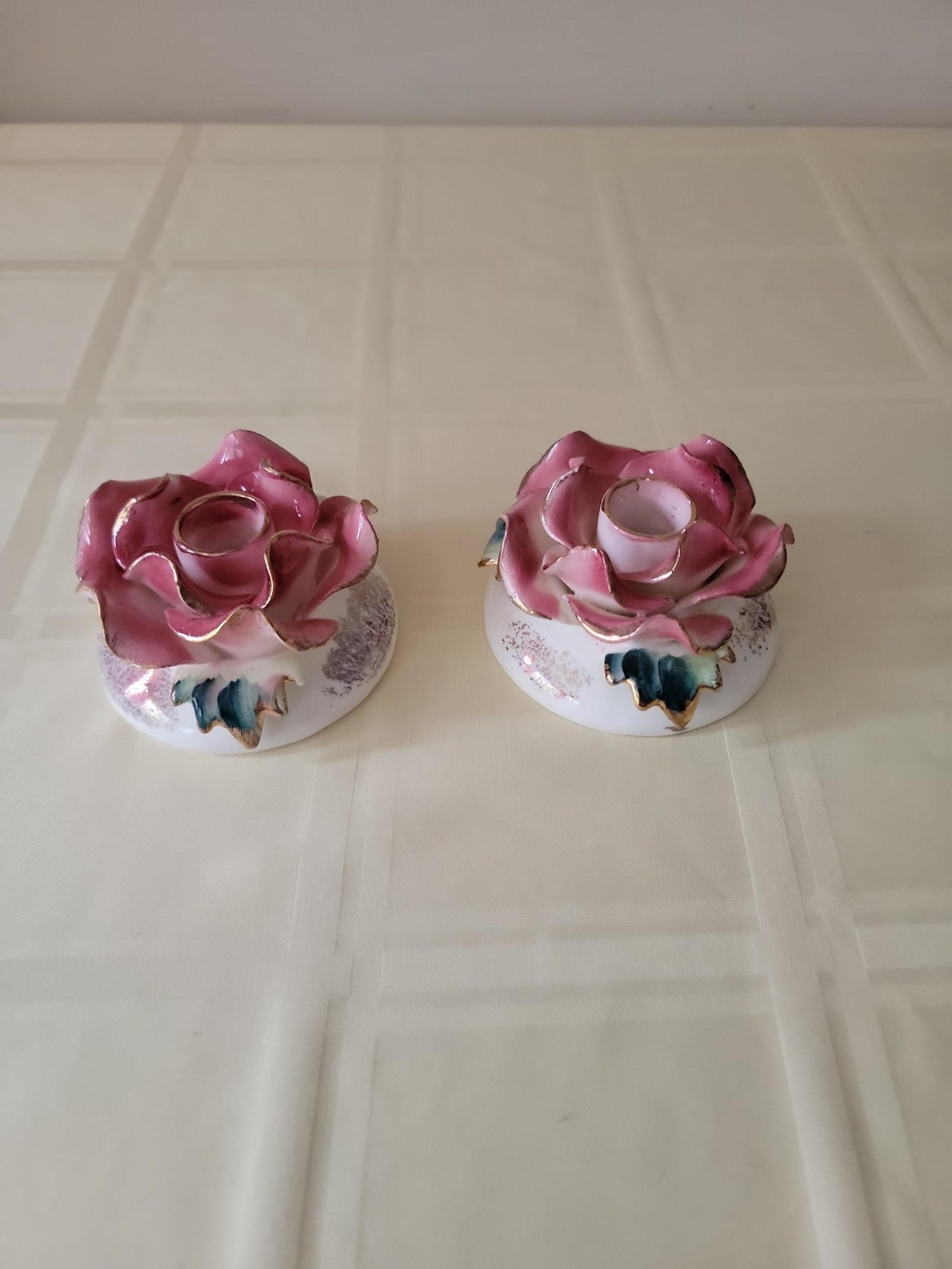 Two Vintage 1940s 1950s Commodore porcelain rose gold filigree candle holders