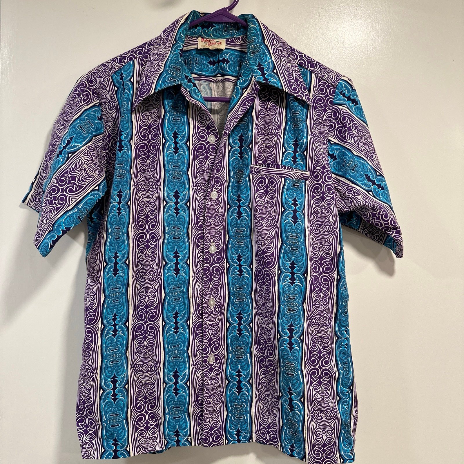 Vintage Barefoot In Paradise Men’s Sz M Hawaiian Shirt Teal/ Purple, Front Pocke