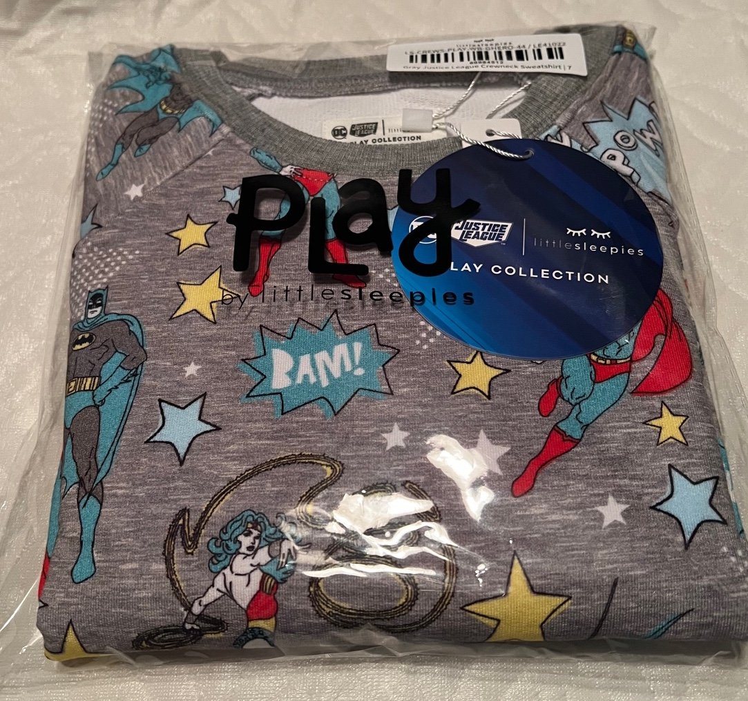 New little sleepies grey justice league size 7 crew neck sweatshirt