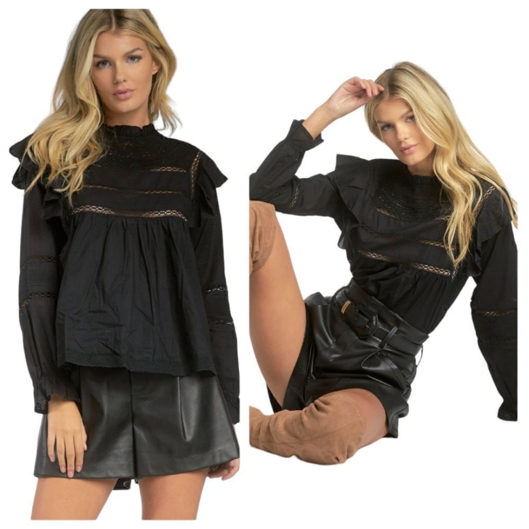 NEW ELAN Jace Ruffle Eyelet Cotton Oversized Blouse in Black Size Medium