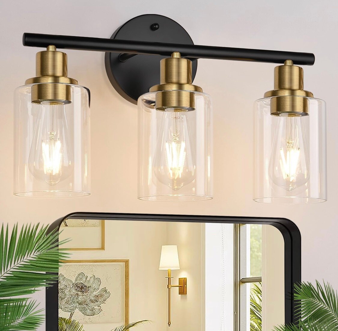 3-Light Black and Gold Bathroom Vanity Light Fixture with Clear Glass Shades