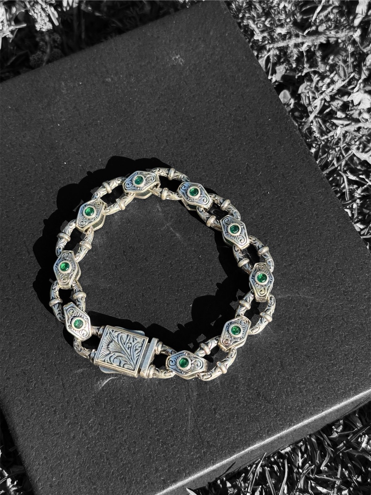 925 Sterling Silver Bracelet with Green Quartz Gemstones - 8.5 | 45g