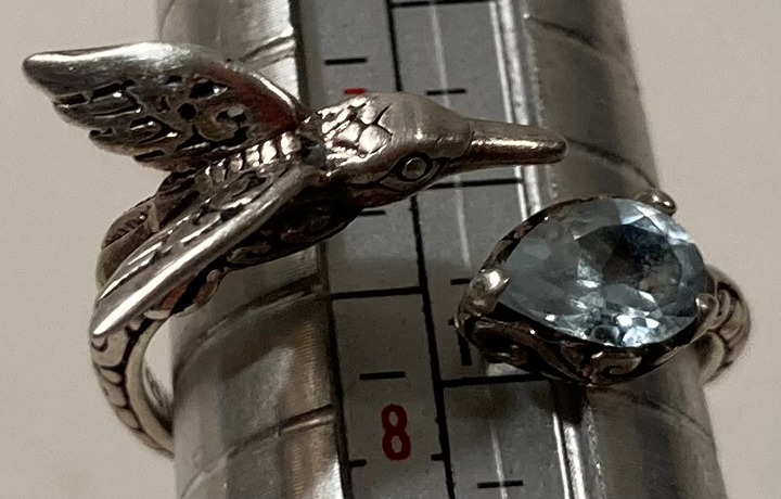 Vintage Sterling Silver Ring, Nice Hummingbird, Blue Stone, Drinking Water Look