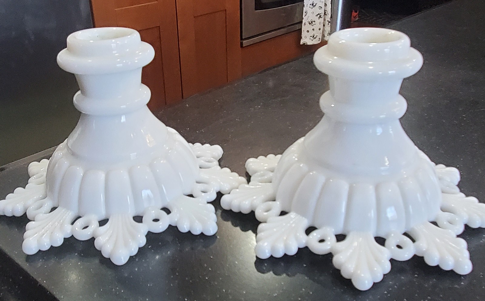 Vintage Pair of Westmoreland Glass “Ring and Petal” Milk Glass Lacy Edge Taper