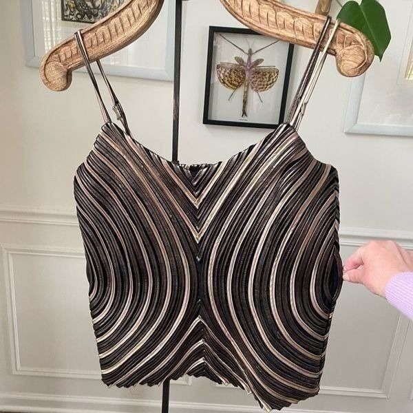 Vintage Obstinee Vegan Leather Bronze Gold Geometric Strips Cami Tank Top 14