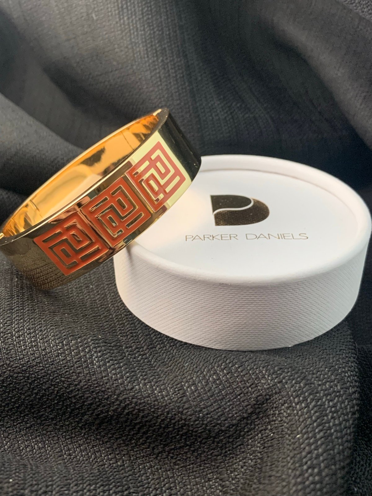 Signed Retired Parker Daniels 18k Gold Plated Orange Enamel/Leather Cuff Bracele
