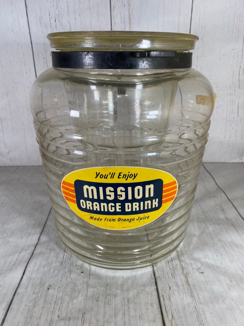 Vintage Mission Orange Fruit Juice Glass Dispenser.