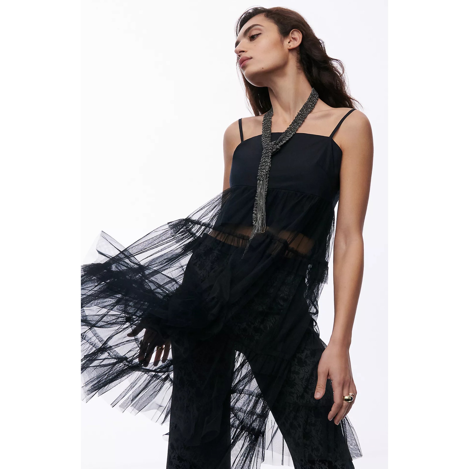 NWT Maeve Black Tiered Tulle Tunic Blouse - Medium