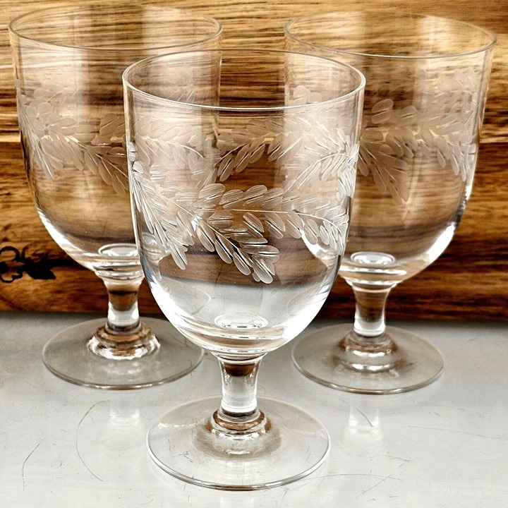 3 Blown Glass Etched Laurel Garland Water Ice Tea Glasses 5 gray cut barware