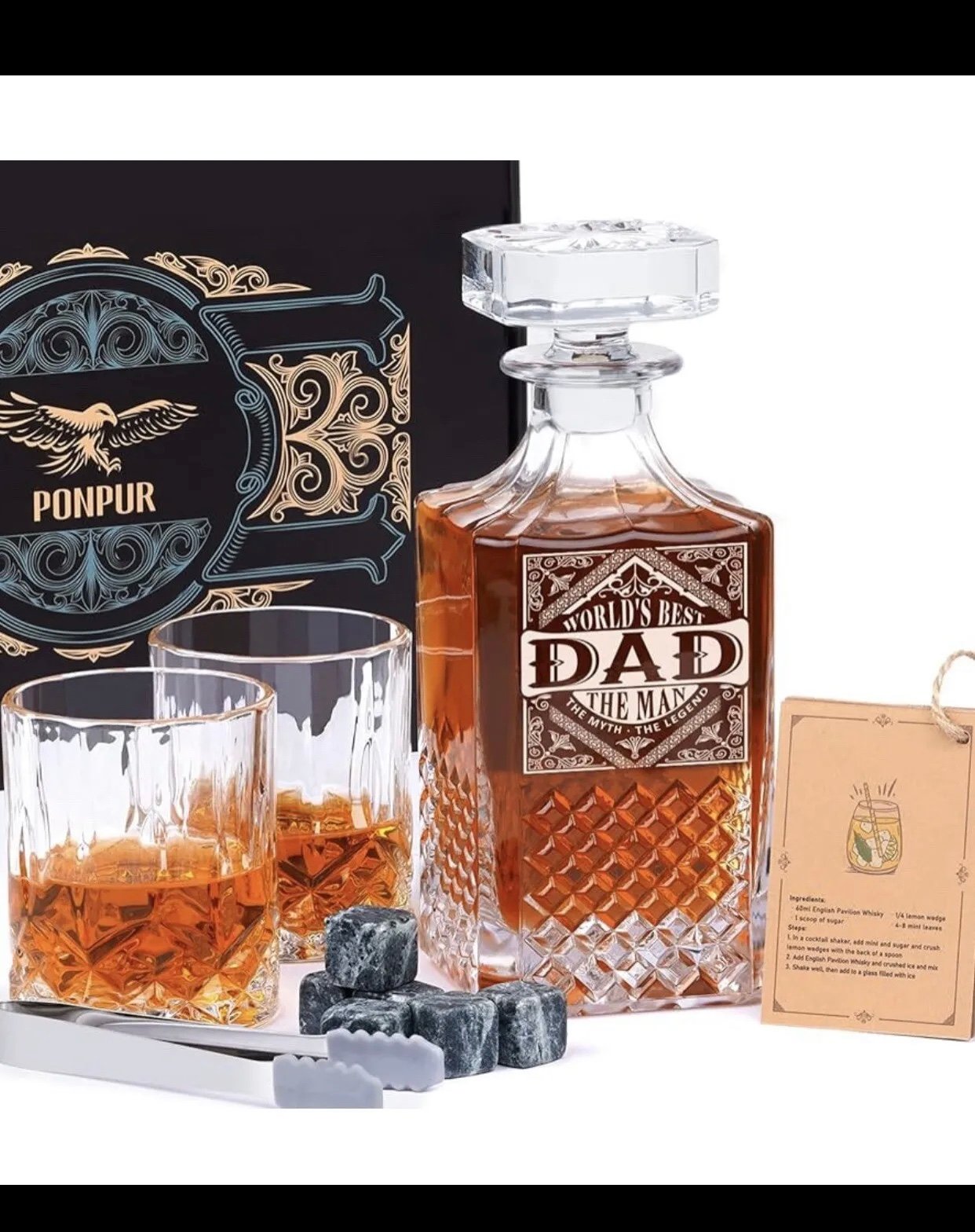 PONPUR Gifts for Men Dad Husband Day, Whiskey Decanter Set with 2 Glasses